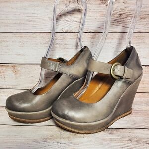 Kork-Ease Yuli EU 37 US 6.5 Creta Gray Leather Platform Mary Jane Wedges Shoes